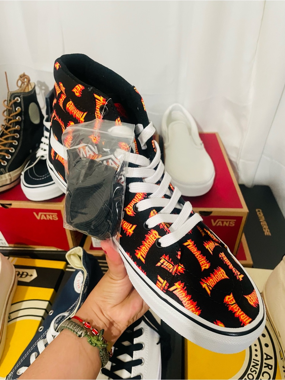 Vans Black and Orange Flame High-Tops